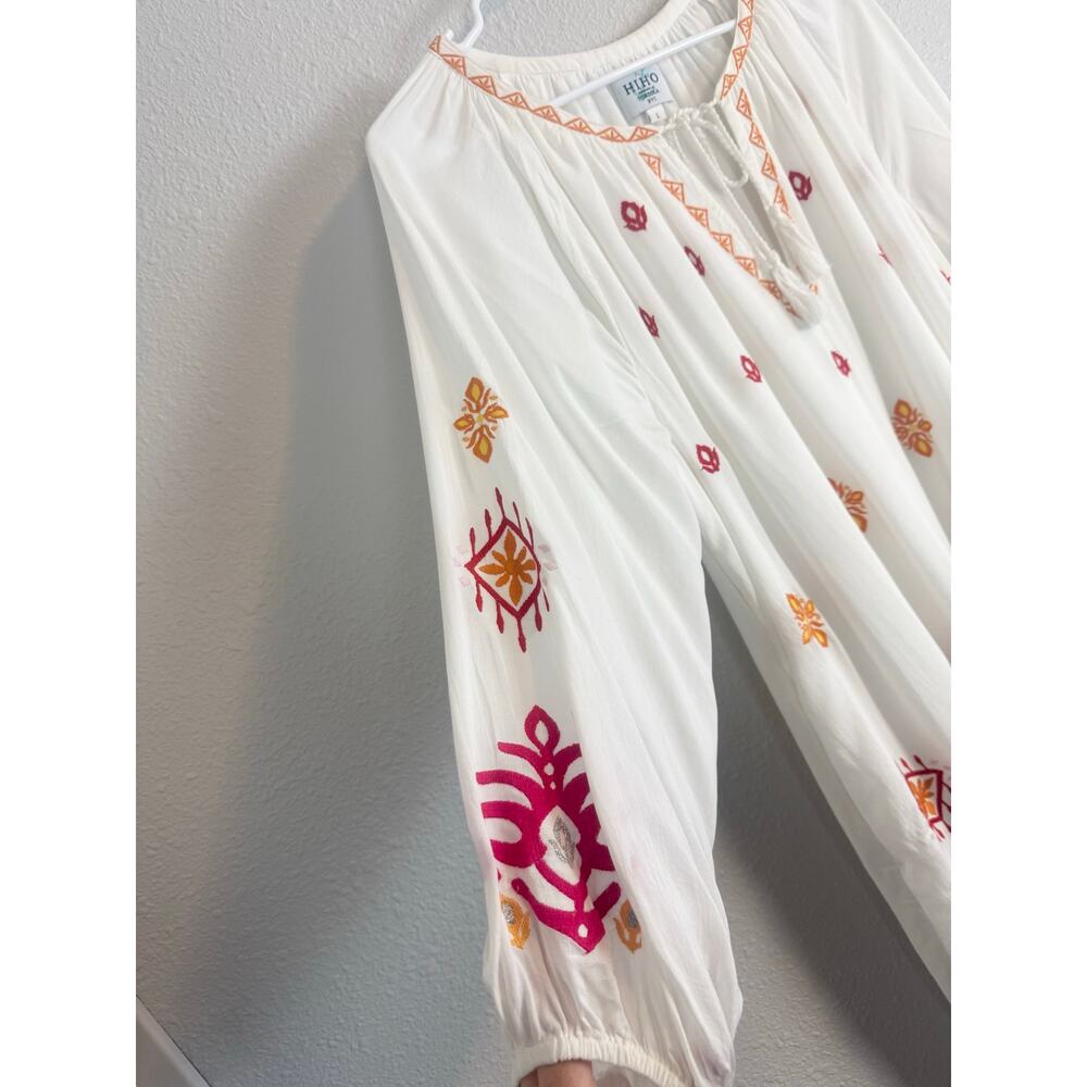 HiHo Alisha Embroidered Boho Dress White Rayon Peasant Large - Picture 5 of 8
